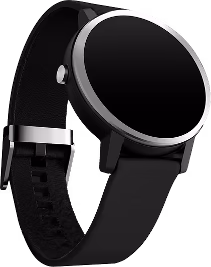 Black wristwatch with blank round face and side button.